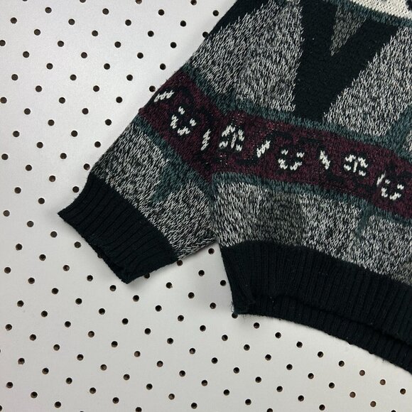 Expressions Abstract Aztec Knit Sweater Large Black‎ Multicolor Chunky Cosby 90s - Picture 3 of 7
